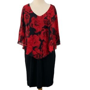 Connected Apparel Silky Sheath Dress Black/Red Roses Chiffon‎ Overlay Size 6 NWT